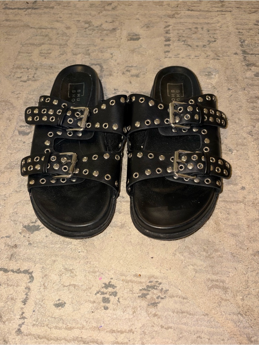 ShuShop Black Studded Double-Buckle Slide Sandals